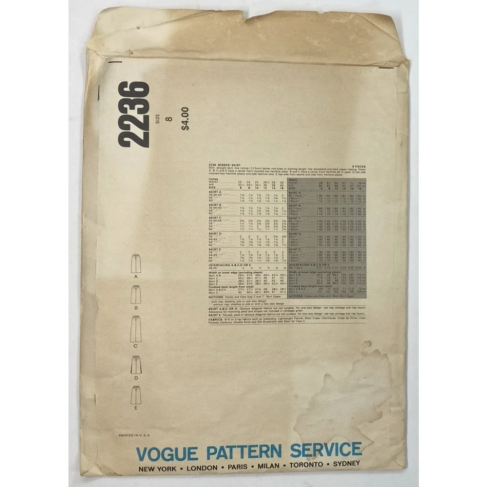 Vogue 2236 Basic Misses 70s Skirt Options Slim Pleat Midi Maxi Sz 8 Cut Complete